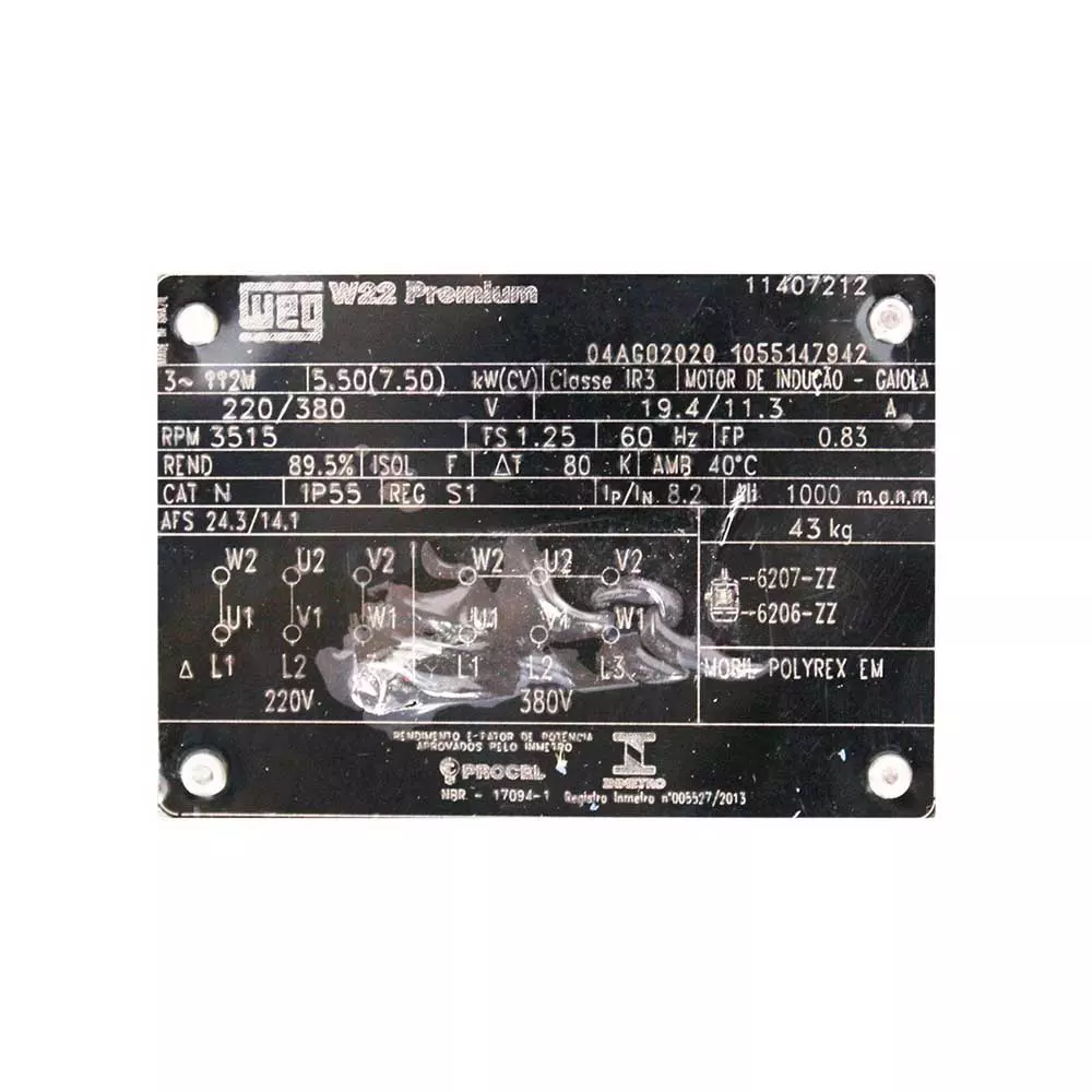 Motor Monofásico 7,5CV-02P W22 Rural IP55 220/440V Weg